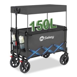 Sekey Bollerwagen Faltbar mit Abnehmbare Dach & Bremse Gartenwagen Handwagen klappbarer Belastbar bis 150 kg für Ausflug Strand Camping Grau