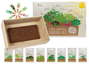 OwnGrown Mini-Garten Starter Set - Anzuchtset mit stabiler Holzkiste, Kokos-Anzuchterde, Premium Saatgut, Anleitung und Pflanzsteckern