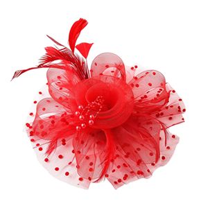 Party Fascinator Hut Mesh Feder Blumen Dekor Kopfschmuck Hochzeit Kopfbedeckung Faux Perle Bühne Performance Kopf Dekor Hut Braut Haarschmuck-Rot