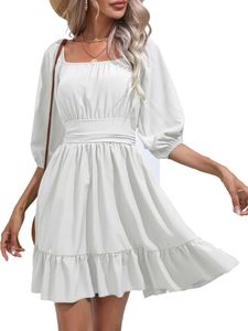 Damen Sommerkleider Square Neck Minikleid Kleider Rückenless Strandkleid Freizeitkleider Weiß,Größe M