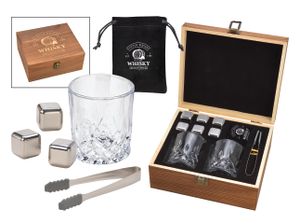 Whisky Geschenk-Set mit 2 Gläsern, Eiswürfeln aus Edelstahl, Zange, Samtbeutel in einer schönen Holzbox