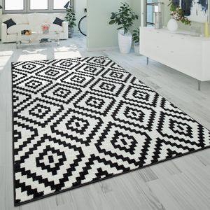 Teppich Wohnzimmer Kurzflor Boho Ethno Muster Modern Schwarz Weiß Grösse 120x170 cm