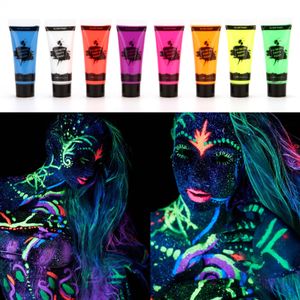 8 Tuben 10 ml / 0,34 Unzen UV-Neon-Gesichts- und Koerperfarbe 8-Farben-Neon-fluoreszierende UV-Schwarzlicht-Glow-Safe-ungiftige Bodypaint fue r die Halloween-Kostue m-Make-up-Club-Festivalparty