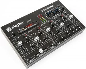 Skytec STM-2290 DJ-Mischpult DJ-Mischer FX 6-Kanal-Mixer mit Bluetooth USB-Port SD-Slot sowie Cinch- und Klinken-Eingängen (2-Band EQ, Metallgehäuse, MP3 kompatibel) Schwarz