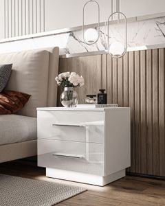 Nachttisch LINA mit Chromgriffen in Hochglanz mit LED, Weiß / Weiß Hochglanz