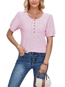 Damen Blusen Stickerei Soft Oberteile Sommer Shirts Tops Freizeit Tee Elegant T-Shirt Rosa,Größe S
