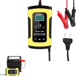 Digitaler Autobatterie-Gleichrichter mit LCD-Display, Auto und Motorrad, Foxsur, 12V/5A, 4Ah-100Ah, Batteriereparaturfunktion durch Impulse, Gelb mit Schwarz