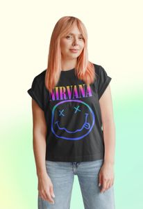 Damen Bio Oversize T-Shirt Nirvana Smaily Bunt kurt cobain Band Rock Musik Party