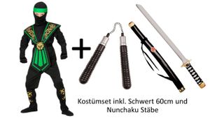 Kinder Kostüm Set  Combat - Ninja in grün - Kostümset Kämpfer in Gr. 116 - 158 cm inkl. Waffen 128 cm - 5-7 Jahre