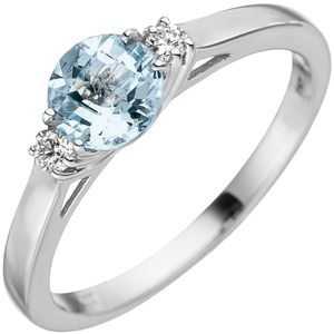 JOBO Damen Ring 50mm 585 Weißgold 1 Aquamarin hellblau blau 2 Diamanten Brillanten