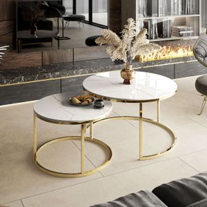 Kulatý konferenční stolek SELAVI 2v1 zlatý chrom/bílý mramor