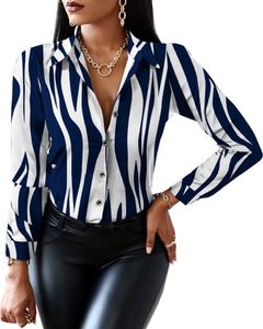 ASKSA Damen Bluse V-Ausschnitt Drucken Patchwork Hemd Elegant Button Tunika Langarm, Königsblau Streifen, M