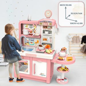 Spielküche & Tee Set Kinder, Kinderküche mit Mikrowelle, Kochfeld, mit Sound- und Licht, Küche mit Wasser Funktion