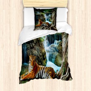 ABAKUHAUS Safari Bettbezug Set für Einzelbetten, Indochina Tiger Banyanbaum, Milbensicher Allergiker geeignet mit Kissenbezug, Multicolor