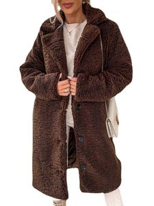 Damen Button Down Fleece Fuzzy Coat Winter Feste Farbe Plüsch-Mocke Warme Revers Sherpa-Jacke, Farbe: Braun, Größe: Xl