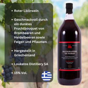 Mavrodaphne aus Patras 2x 2,0l Loukatos Likörwein rot | 15% Vol. | + 20ml Jassas Olivenöl