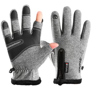 Winter Warme Fingerlose Handschuhe Uni herren damen Outdoor Winddicht Wasserdicht Touchscreen Half Finger Winterhandschuhe, Farbe: Grau, M