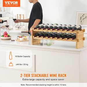 VEVOR Weinregal stapelbar 18 Flaschen, stabiles Flaschenregal, 2-stufiges Lagerregal aus massivem Bambusholz, freistehendes Weinregal, wackelfreie Regale für Küche, Bar und Keller  (natürliche Farbe)