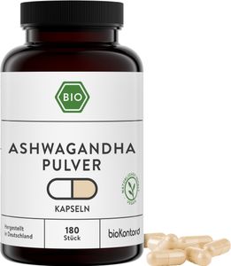 Ashwagandha Kapseln | 180 Stück | 1500 mg je Tagesdosis | vegan und ohne Zusätze | in Deutschland hergestellt und labor | bioKontor