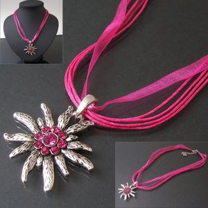 Halskette Tracht Dirndl Edelweiss pink Strass pink Textilband K2808