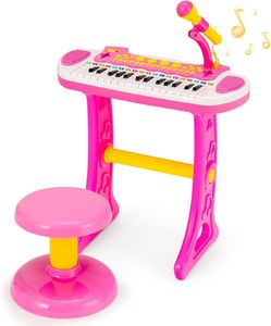 KOMFOTTEU 31 Tasten Keyboard Set für Kinder, Kinderklavier mit Sound Lichteffekte & Mikrofon, Elektronisches Klavier Spielzeug inkl. Hocker, Kinderkeyboard 22 Beat/8 Töne/7 Rhythmen (Rosa)