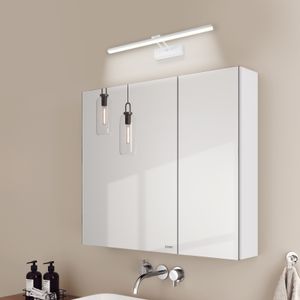 EMKE Spiegelschrank und Spiegellampen,75x65x14.5cm 2 Glasböden Weiß Badspiegelschrank und Weiß Wandleuchten Kaltweiß Licht 6500k