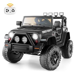 CAROMA 12V Elektro Kinderfahrzeug Kinderauto Jeep mit Tür, 2x Motoren, mit Fernbedienung, LED Lichts, eingebauter Musik, Bluetooth-Verbindung, schwarz