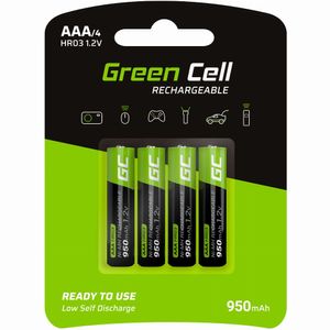 Green Cell 950mAh 1.2V 4 Stck Vorgeladene NI-MH AAA-Akkus - Akkubatterien AAA/Micro, sofort einsatzbereit, Starke Leistung, geringe Selbstentladung, wiederaufladbare Akku Batterie, ohne Memory-Effekt