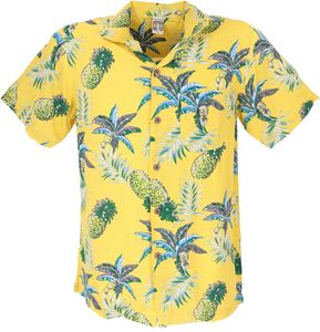 Hawaiihemd, Hippiehemd Kurzarm, Herrenhemd mit Blumendruck - Gelb, Viskose, Größe: L