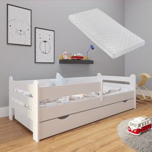 Kinderbett 180x80 mit Matratze, Rausfallschutz, Schublade & Lattenrost in weiß 80 x 180 Mädchen Jungen Bett Skandi