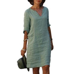 Damen Kurzärmelige Baumwolle Leinen Kleid Atmungsaktive Knie Kleid Sommer Mode,Farbe:Light Green,Größe:Xxl