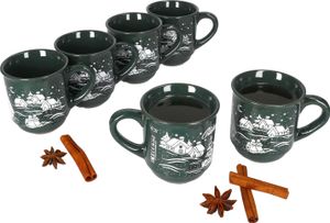 6x Glühweinbecher 0,2L grün Weihnachtslandschaft Keramik Glühweintassen geeicht