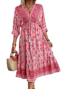Damen Sommerkleider Midikleid Hawaiian Kleid Boho Kleider Freizeitkleider Strandkleid Rosa,Größe Xl