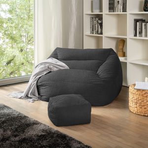 HOME DELUXE - Sitzsack COZY mit Hocker - Stoff: Samt Cord, Farbe: Anthrazit - Maße: 100 x 88 x 80 cm, inkl. Füllung I Sitzmöbel Bean Bag Sitzsäcke