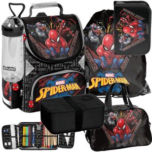 Paso Spiderman- 6-teiliges Mega Set - Rucksack, Federmäppchen, Tasche, Trinkflasche, Frühstückstasche, Schulranzen