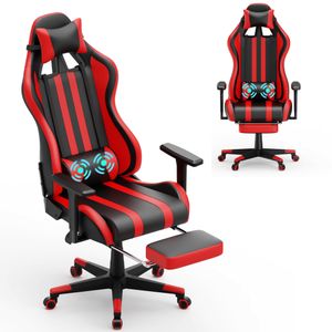 XMTECH Bürostuhl Gaming Stuhl Massage Computerstuhl Ergonomischer Gamer Stuhl mit Fußstütze, Kopfstütze und Lendenkissen, Gaming Sessel Drehsessel (Rot)