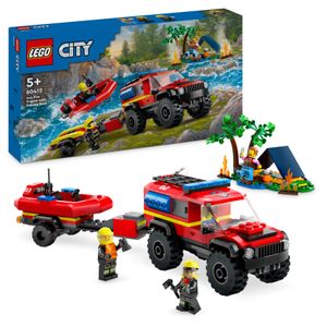 LEGO 60412 City Feuerwehrgeländewagen mit Rettungsboot, Offroad-Auto-Spielzeug für Kinder ab 5 Jahren, Rettungswagen mit Schlauchboot, Anhänger, Zelt und 3 Minifiguren, Geschenk für Jungs und Mädchen