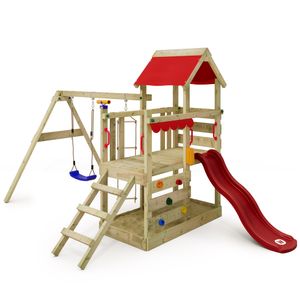 WICKEY Hracia veža TurboFlyer s hojdačkou a šmykľavkou, lezecká veža s pieskoviskom, rebríkom a hernými doplnkami - červená