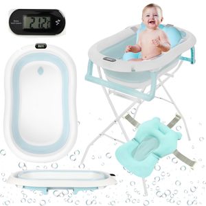 Primabobo Faltbare Babybadewanne Premium mit Gestell, Badesitz Thermometer, Baby Badewanne klappbare Babywanne mit Ständer für Babys Neugeborene, Blau