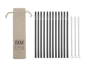 EKM Living Edelstahl Strohhalme 12er Set schwarz gerade GmbH, Trinkhalme, bruchfest, wiederverwendbar, spülmaschinengeeignet, plastikfrei (schwarz gerade, 12)