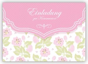 4x Schöne Einladungskarte mit zartem Blüten Muster in rosa für Mädchen: Einladung zur Kommunion