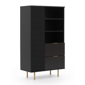 Regalschrank NUBIA NB-04 mit 2 Schubladen 1 Tür Regal SoftClose Push-to-Open Schrank 80 x 140 cm Standregal Wohnzimmer Modern (Schwarz Matt)