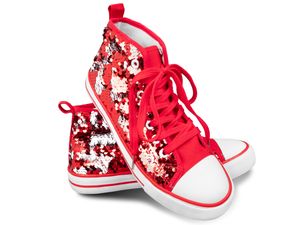 Damen Pailletten Schuhe, Sneaker, Turnschuhe Glitzer Karneval Gr. 41, rot-weiß