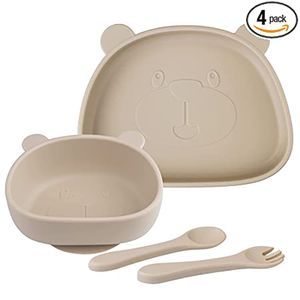 Kinderteller Geschirr-Sets 4 Stücke, Silikon Baby Teller Rutschfest Schüssel mit Löffel Gabel, Babyteller Schüssel mit Saugnapf（Beige）