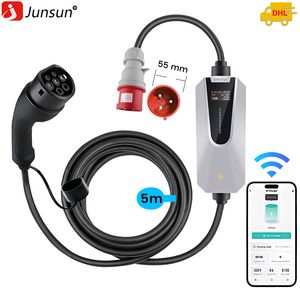 Junsun Prenosná nabíjačka 11KW 16A 3-fázový nabíjací kábel EV 5.6M s WIFI / APP Control Nastaviteľný prúd pre typ 2 elektrických vozidiel EV Charger