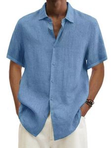 Herren Kurzarm Revers Hemden Sommer Button Down Shirts Einfarbig Freizeit Oberteile Hellblau,Größe M