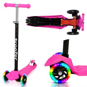 SWANEW Kinderroller Funscooter Tretroller Kickroller 3-Rad-Kinderroller LED-Räder bis 50 kg Höhenverstellbar Rosa