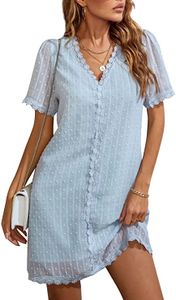 ASKSA Dámské šifónové šaty s výstřihem do V Letní šaty Swiss Dot Lace A-Line Mini šaty, Sky Blue, XL