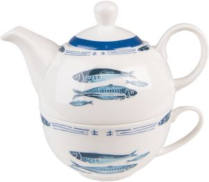 Clayre & Eef Tea for One 400 ml Weiß Blau Porzellan Fische