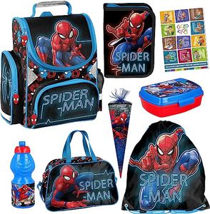 Spiderman ergonomischer Ranzen Federmappe Zuckertüte Turnbeutel Trinkflasche Brotodose Sporttasche Aufgabenheft für die Grundschule 8er Set Lizenzartikel Marvel Spiderman